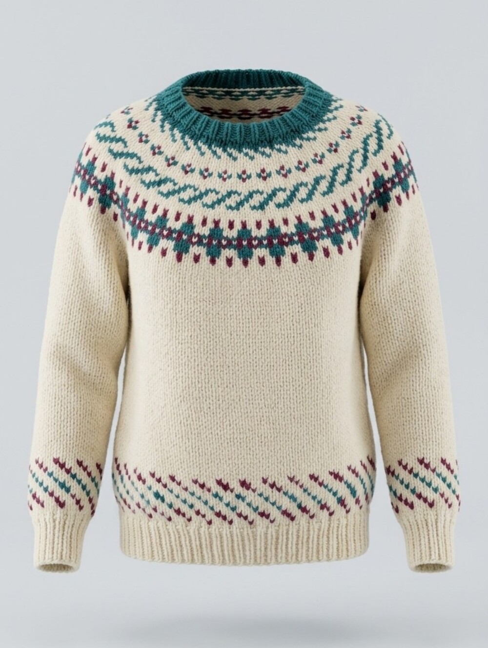 Vintage Handknit Cream Fair Isle Icelandic Wool Women Sweater Teal Yoke Sz XS/S